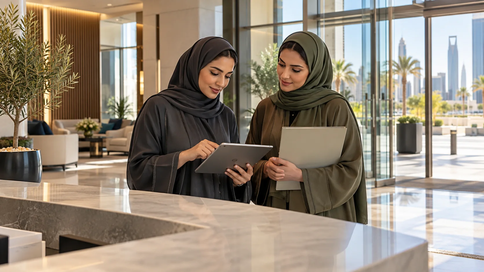 Two Saudi women in charcoal and olive abayas reviewing a tablet and site folder at a commercial-building reception counter