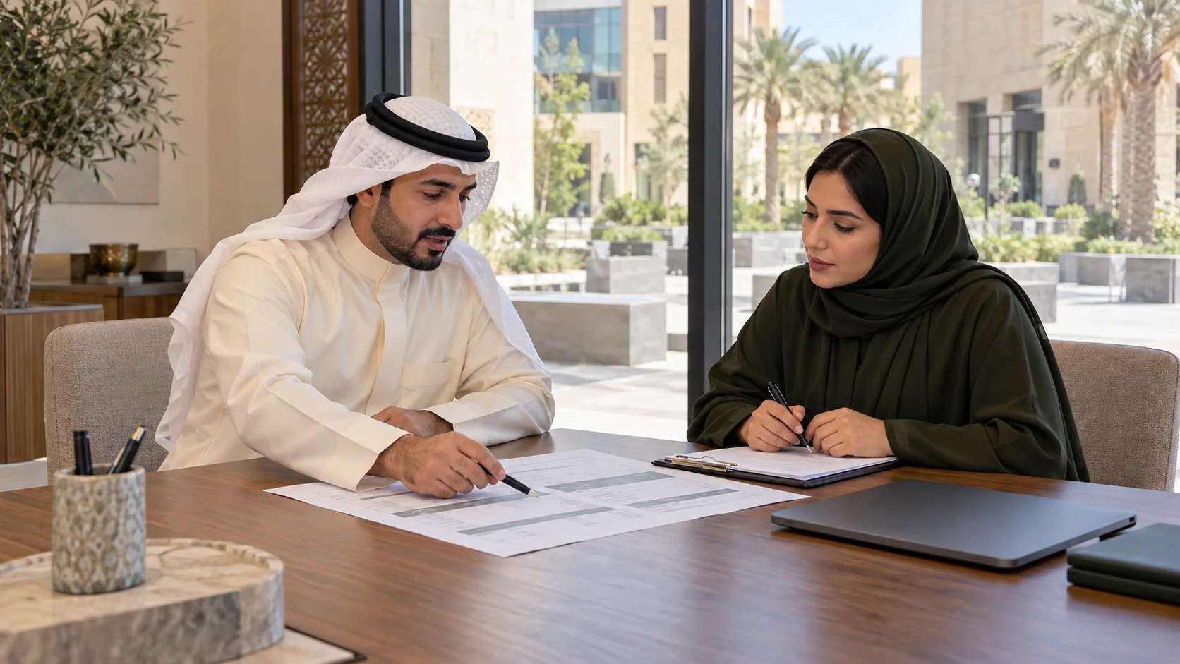 Illustrative Saudi employer in a cream thobe comparing a role schedule with a female coordinator in an olive abaya at an office meeting table