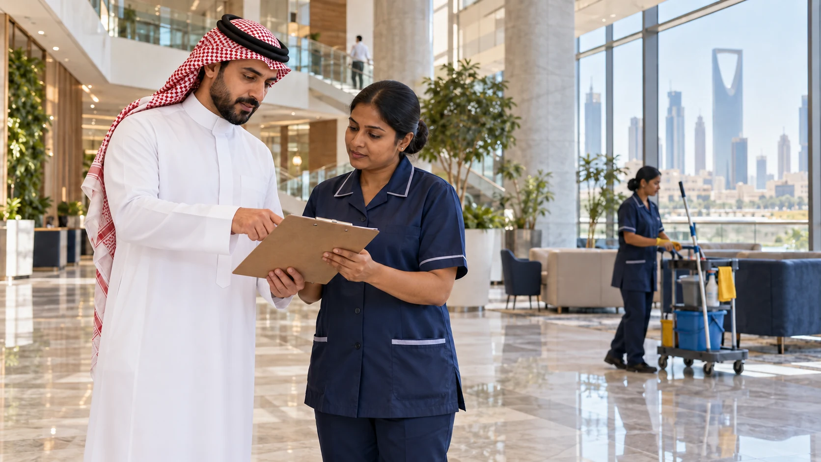Illustrative facility supervisors reviewing a clipboard with a cleaning worker and trolley in an office-building atrium