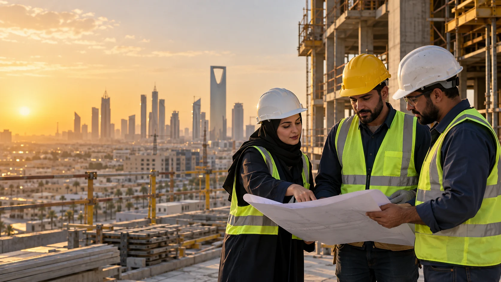 Site coordinator and skilled trades workers reviewing a workforce plan at a Riyadh construction site