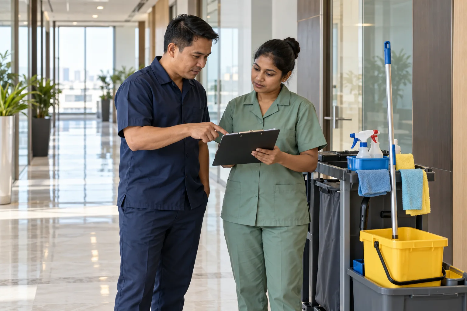 Cleaning supervisor and cleaner reviewing a clipboard beside a trolley in an office corridor