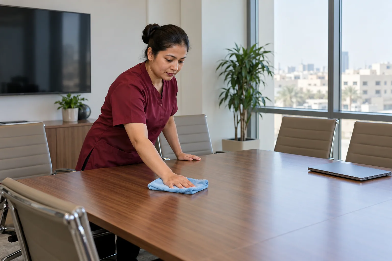 Female cleaner wiping an empty meeting-room table with a microfiber cloth