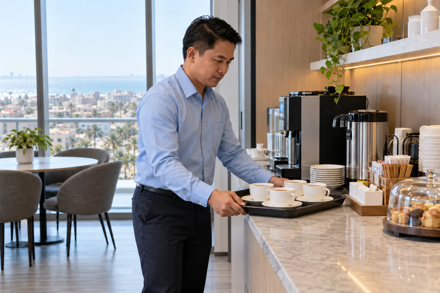 Male refreshment-service attendant arranging a tray of tea cups in a modern office pantry