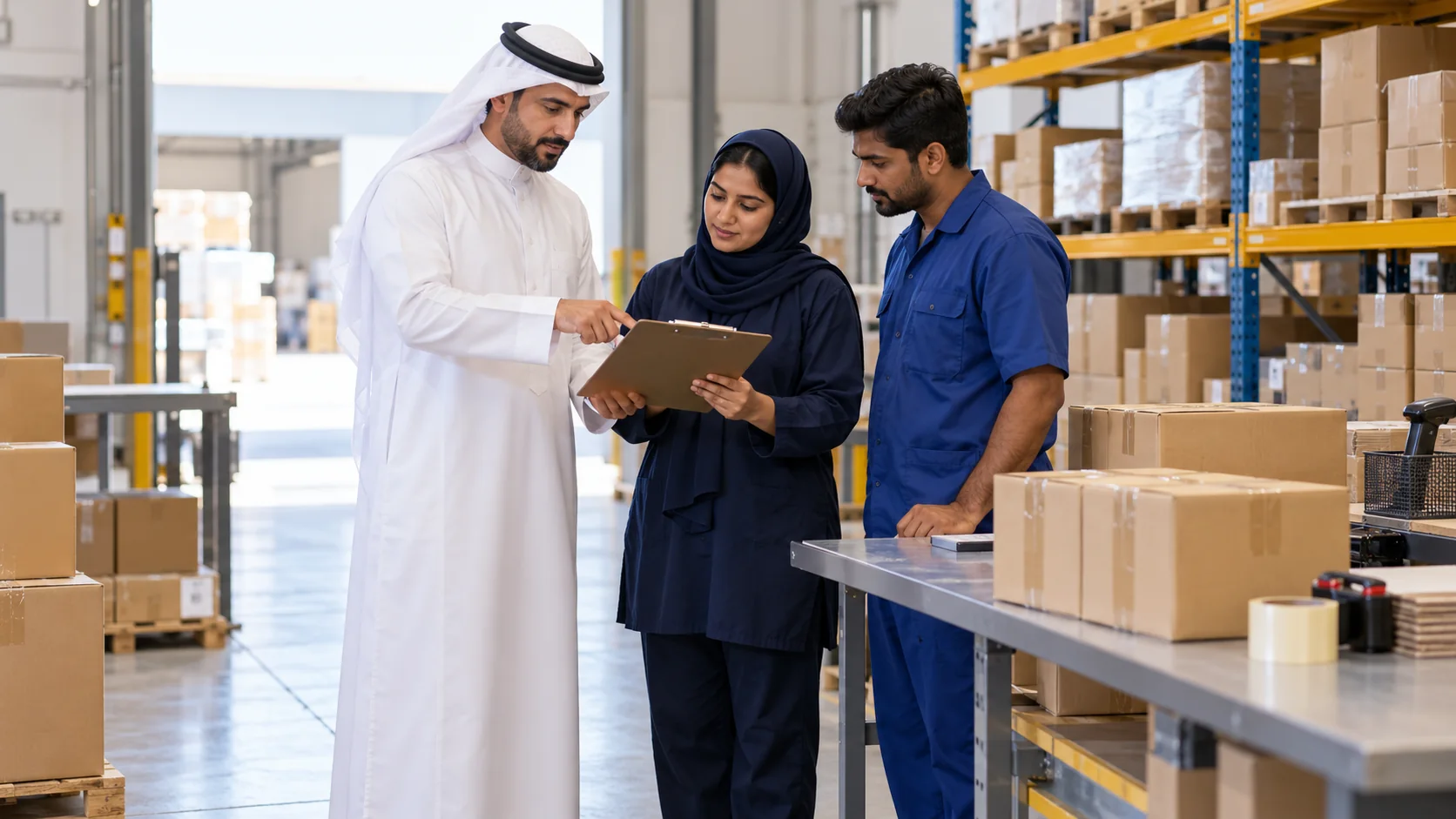 Illustrative Saudi manager in a white thobe reviewing a clipboard with a logistics coordinator and warehouse supervisor beside a packing bench