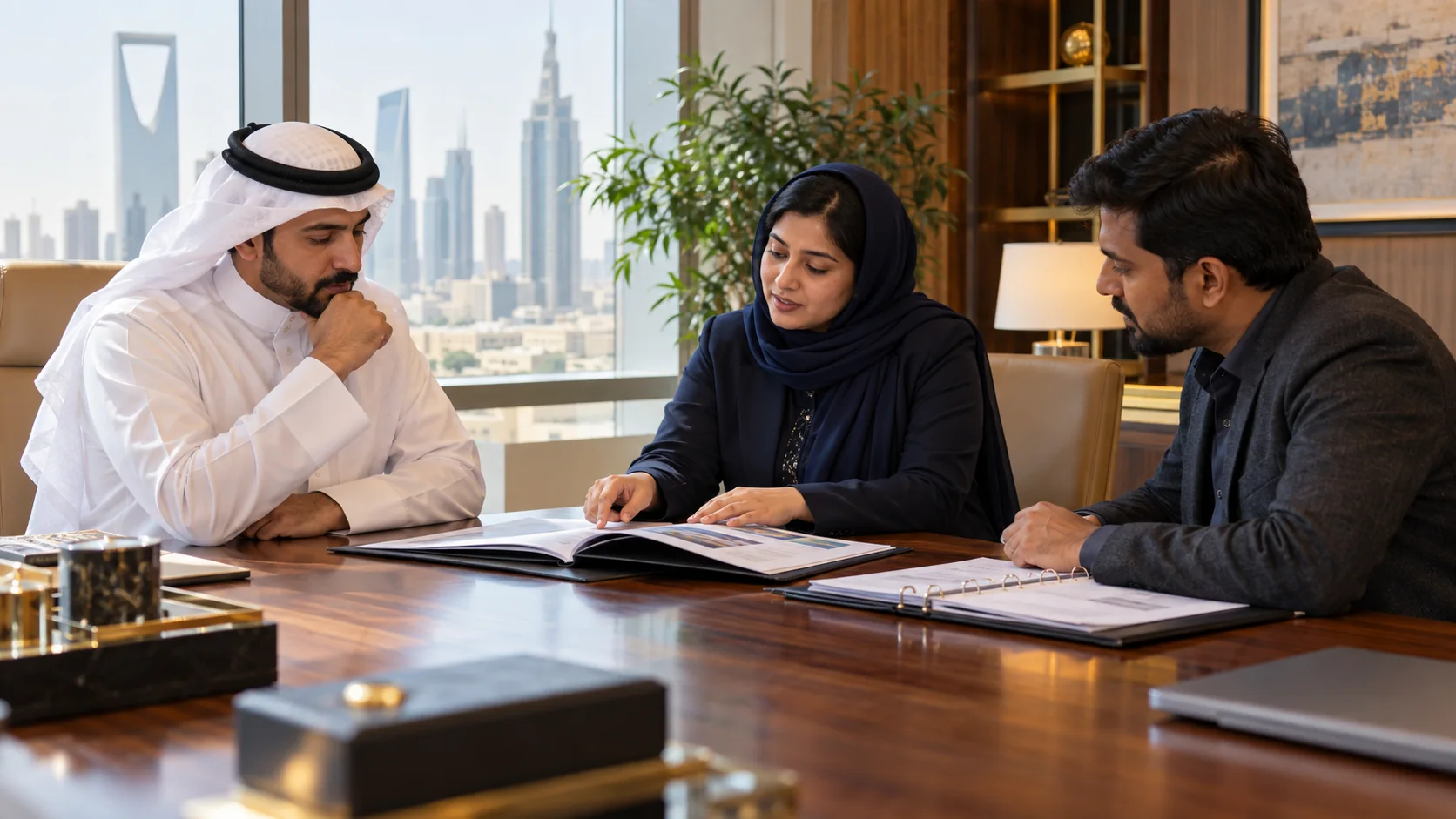 Illustrative Saudi employer representative in a white thobe reviewing service scope and attendance folders with supplier and operations coordinators