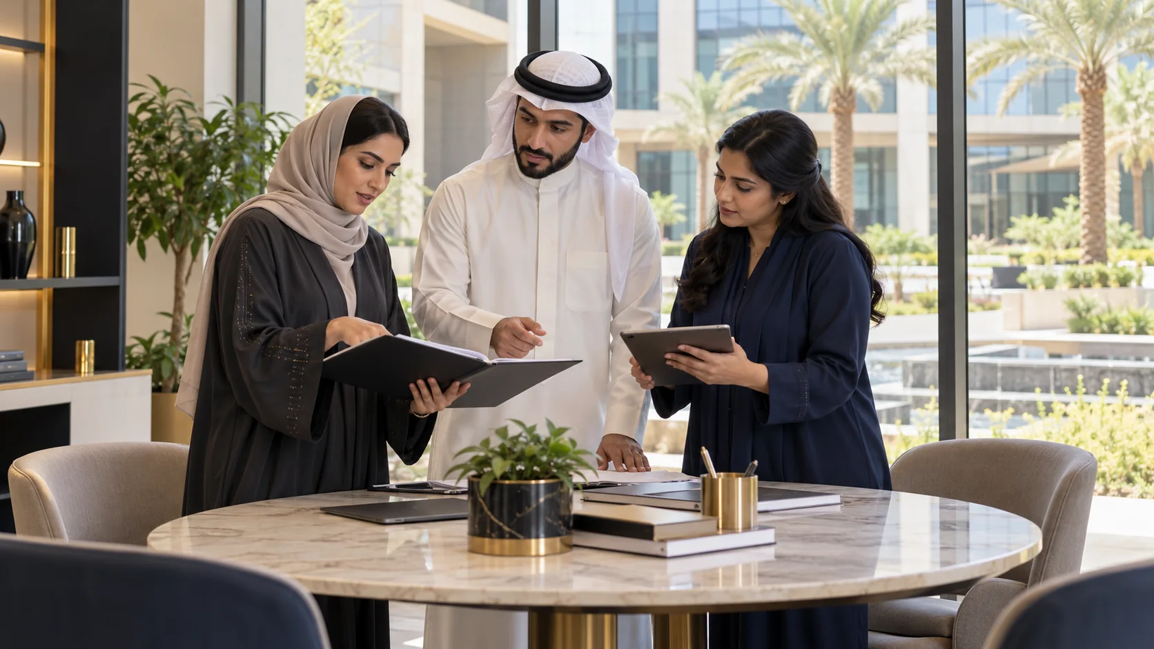 مشهد توضيحي لمراجعة ملف ومتطلبات عمل بين مسؤولة مشتريات ومراجع عمليات يرتدي ثوباً ومنسقة مورّد في مكتب سعودي