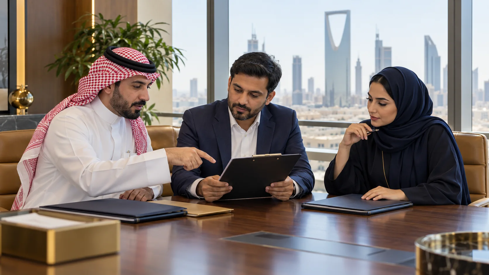 Illustrative Saudi procurement manager in a white thobe reviewing a clipboard with supplier and HR representatives in a Riyadh meeting room