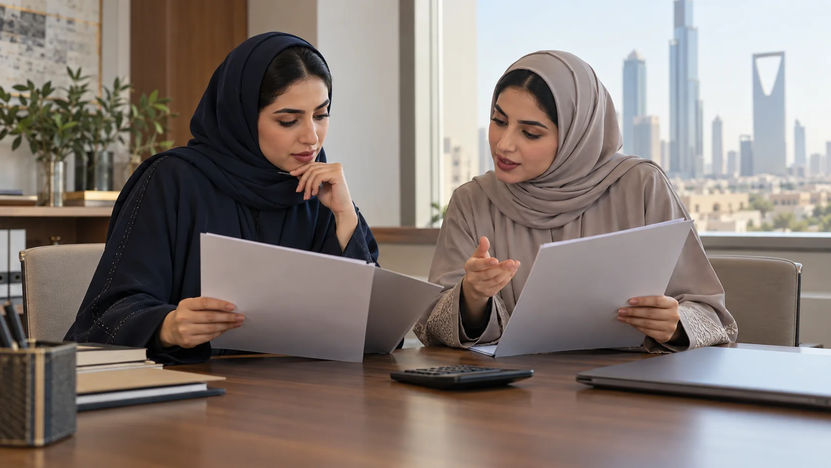 Two Saudi women in navy and taupe abayas comparing plain quotation folders beside a calculator at an office meeting table