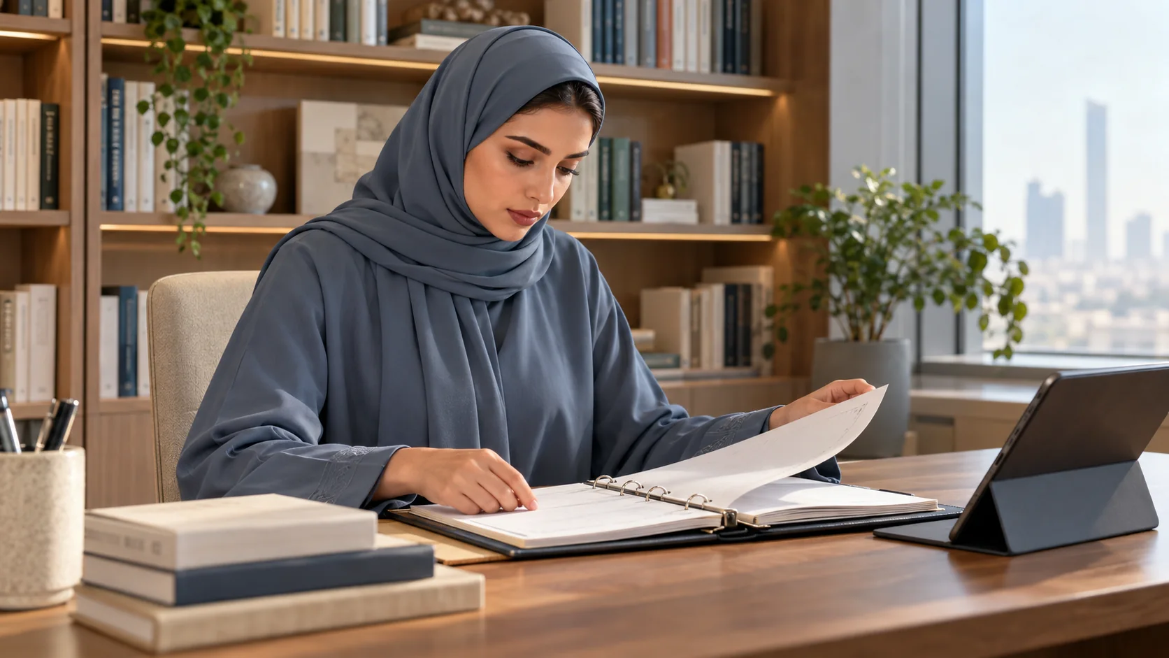 Saudi woman in a dusty-blue abaya reviewing an open planning binder beside a tablet at an office library desk