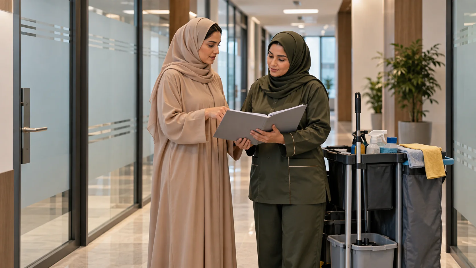 مشهد توضيحي لمنسقة مبنى بعباءة رملية ومشرفة نظافة بزي زيتوني تراجعان ملف المهام بجوار عربة نظافة في ممر مكتبي