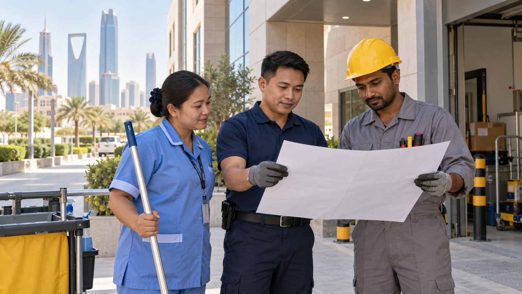 Housekeeping worker, logistics assistant and maintenance assistant reviewing a work plan at a Riyadh office service entrance