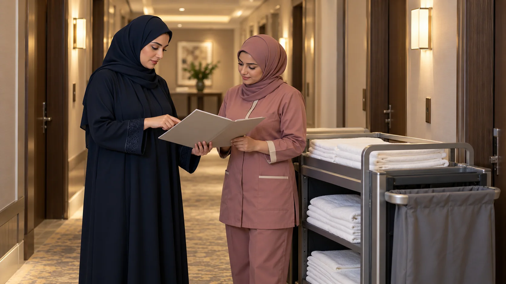 Illustrative female hotel supervisor and room attendant reviewing a housekeeping folder beside a linen cart in a quiet Riyadh property corridor
