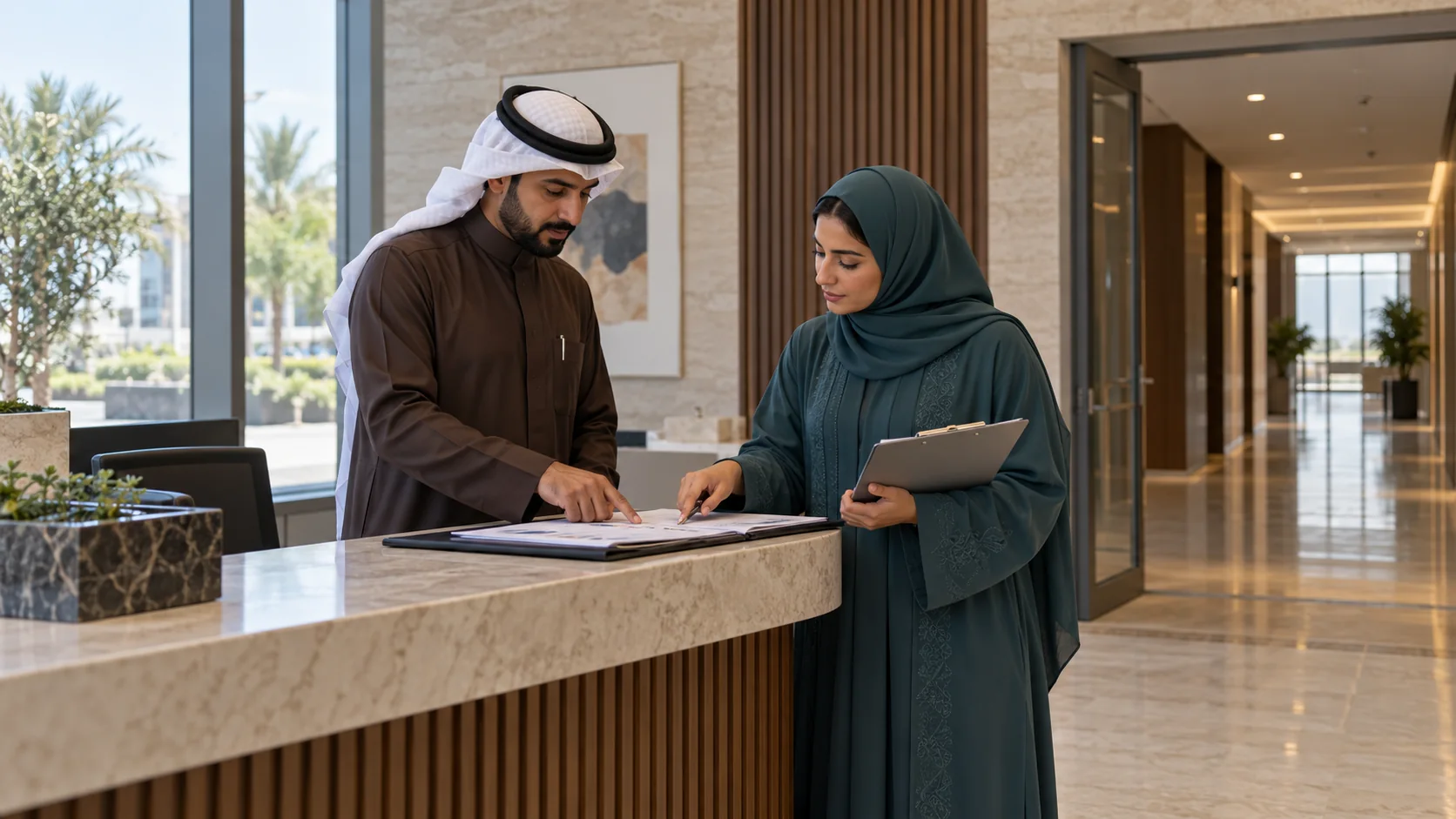 Illustrative Saudi representative in a brown thobe reviewing an assignment folder with a female supervisor in teal abaya at a reception briefing counter