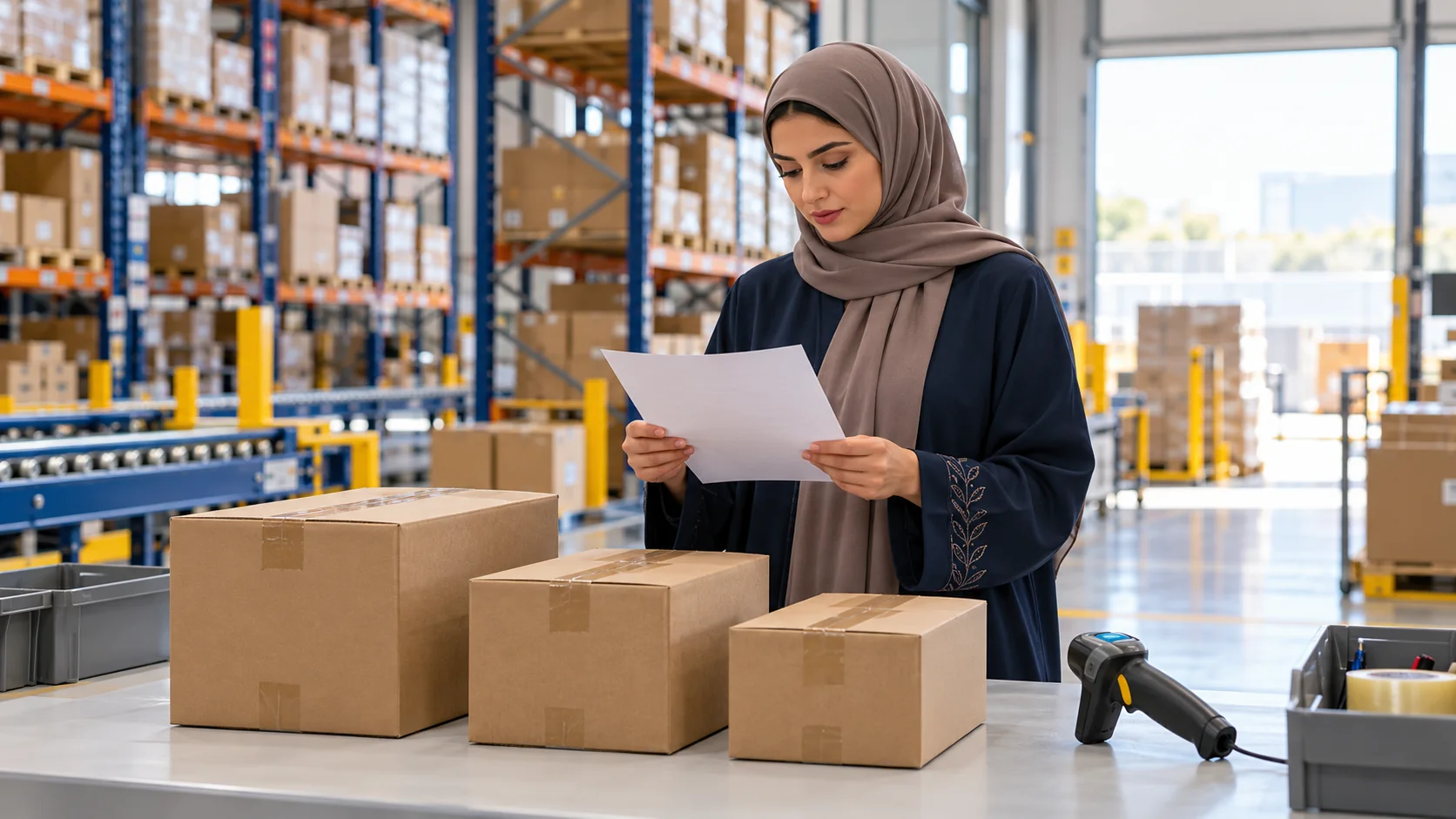 Woman in a navy abaya reviewing a checklist beside sealed parcels and a scanner at a warehouse packing station