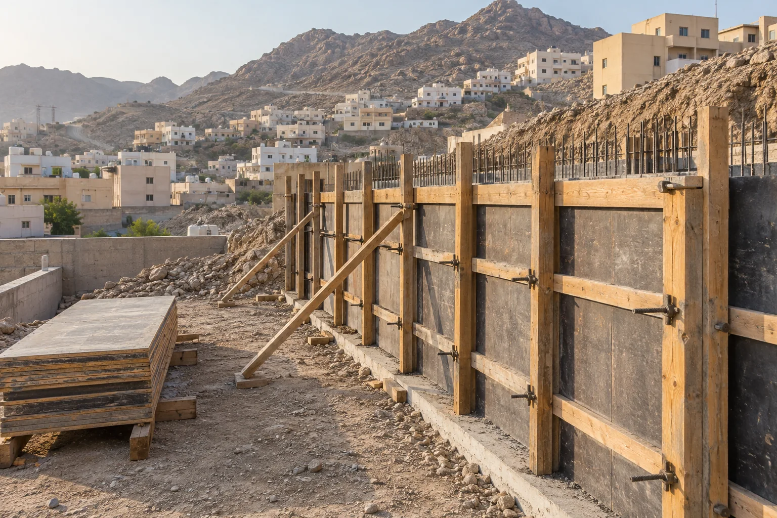 قالب جدار خشبي وألواح شدات في سياق إنشاءات على منحدر بمكة
