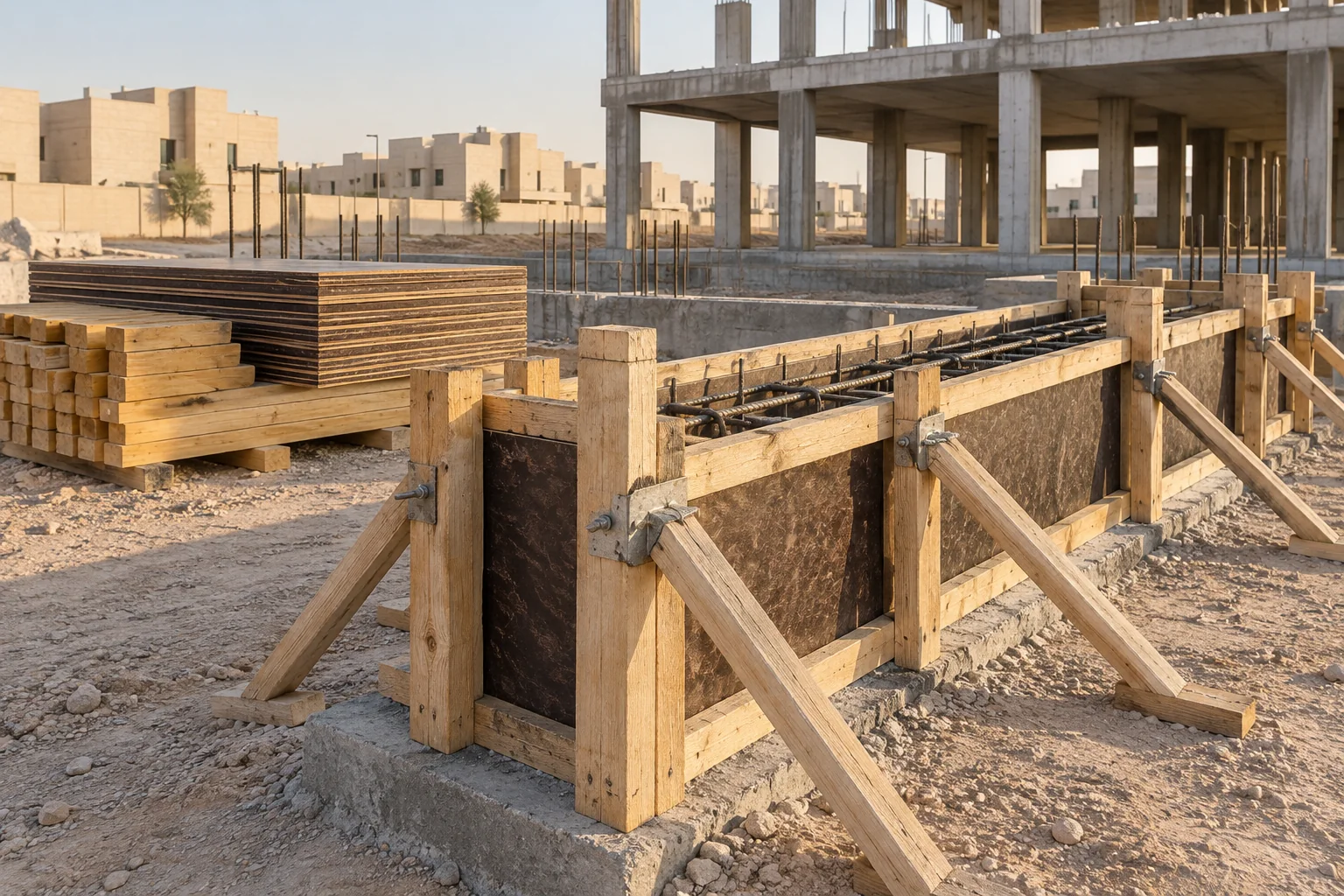 A braced timber beam form and shuttering materials in a Riyadh construction setting