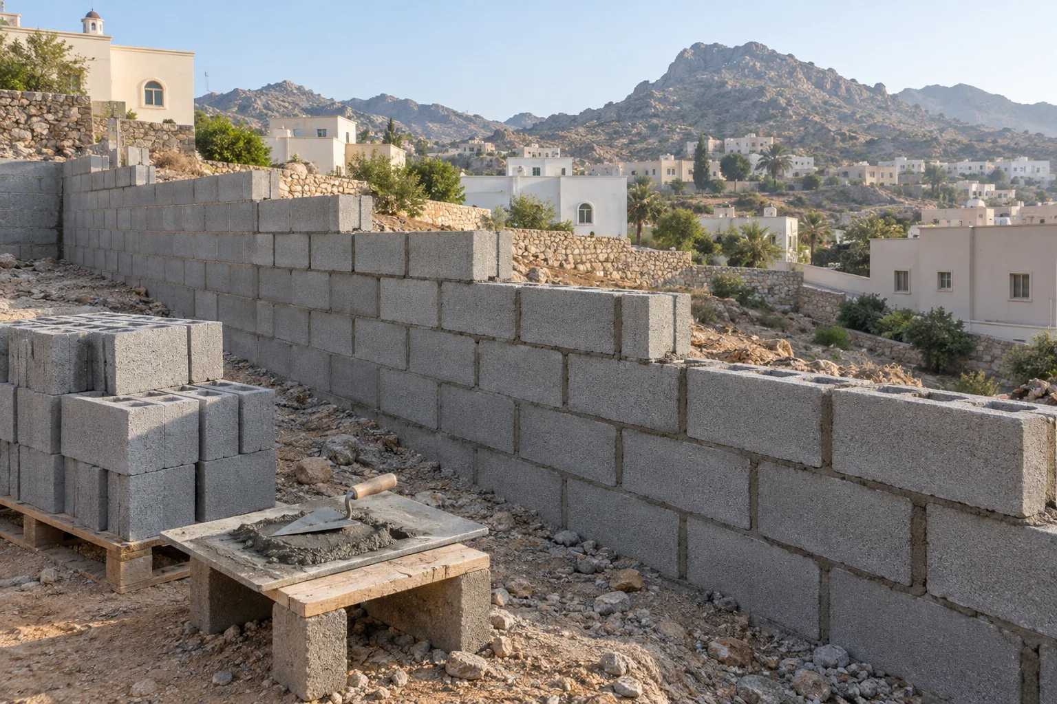 A stepped block wall, masonry tools and stacked blocks in a Taif construction setting