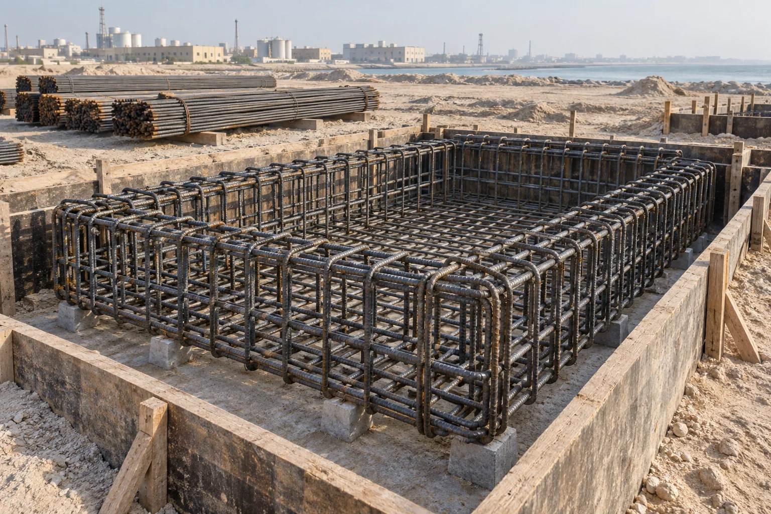 A reinforced pile-cap basket and stored steel bars in a Jubail construction setting