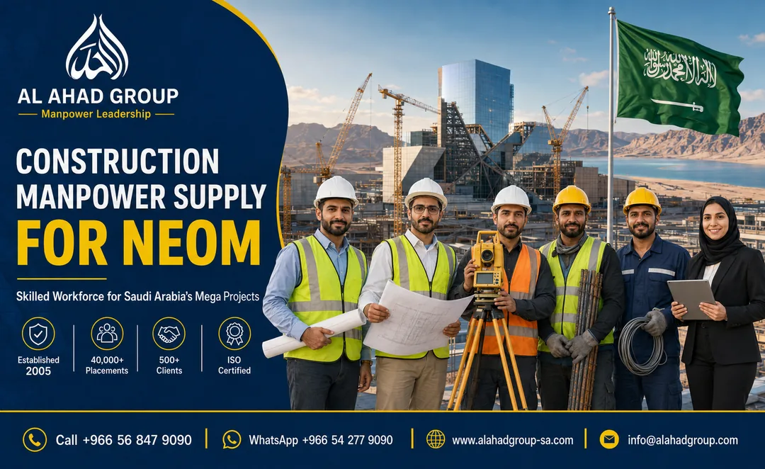 Construction manpower for Saudi projects with site engineers, skilled trades and project mobilization support.