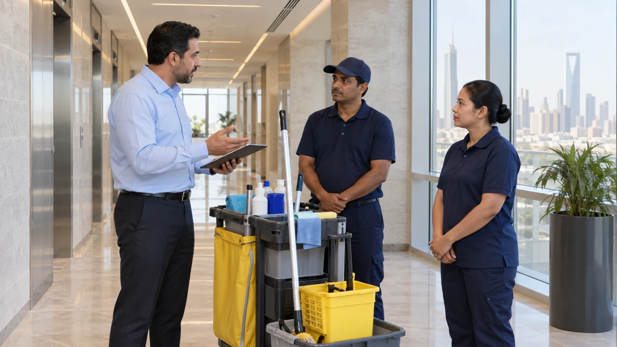 Facilities supervisor briefing two cleaning staff beside a cleaning trolley in a commercial building