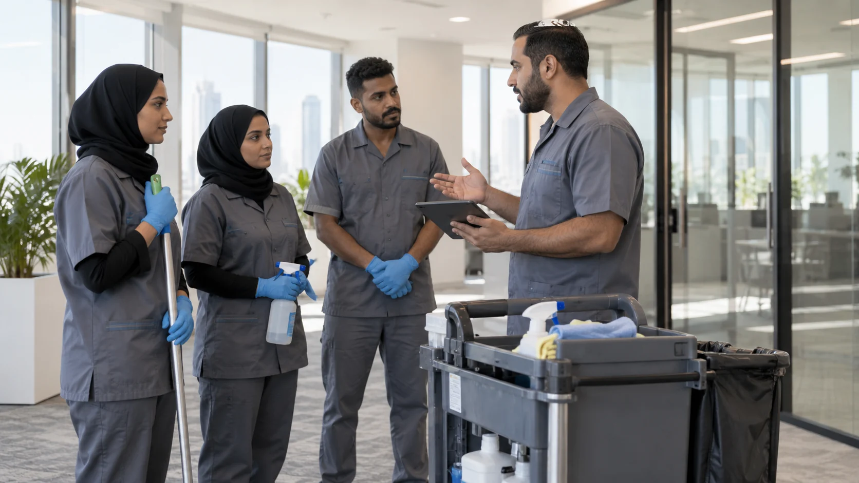 Cleaning team leader discussing office shift duties beside a service trolley