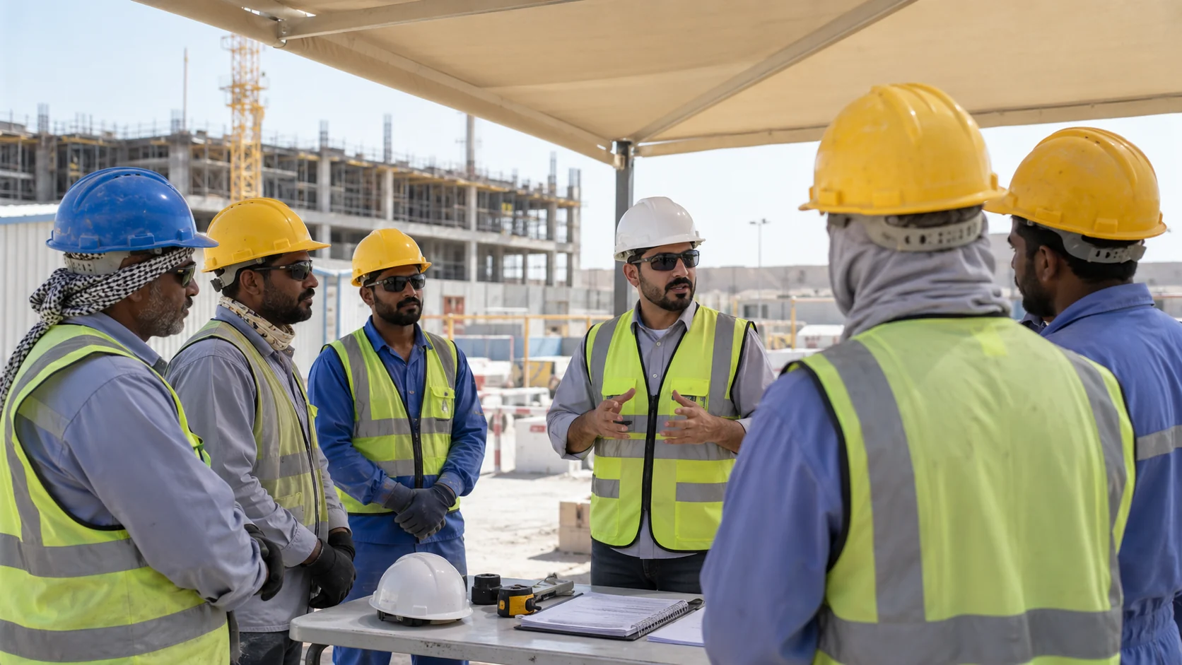 Safety coordinator briefing facilities workers at a shaded induction area