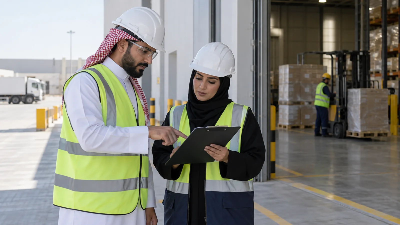 A Saudi procurement manager and a service supervisor review a workforce scope during a logistics-facility walk-through.