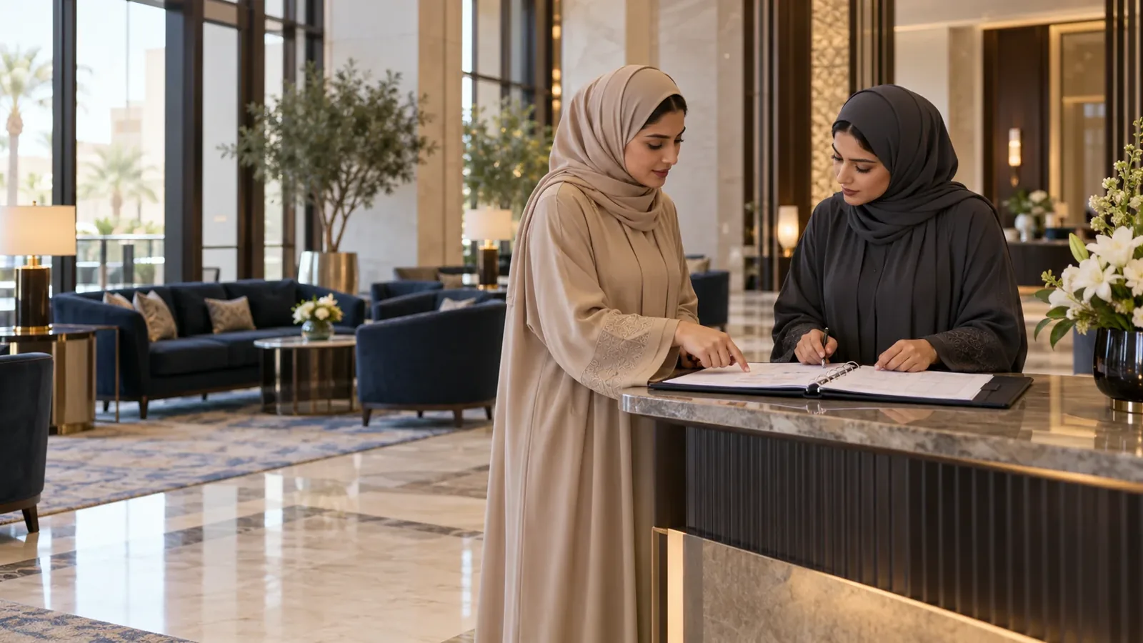 Two women review a document together at a hotel reception desk.